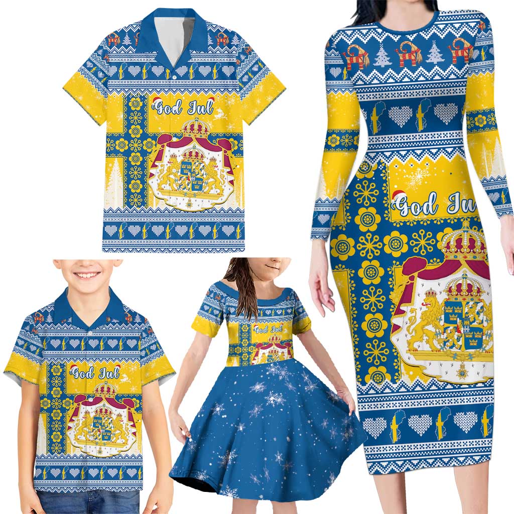 Sweden Christmas Family Matching Long Sleeve Bodycon Dress and Hawaiian Shirt Coat Of Arms - Scandinavian Pattern - Wonder Print Shop