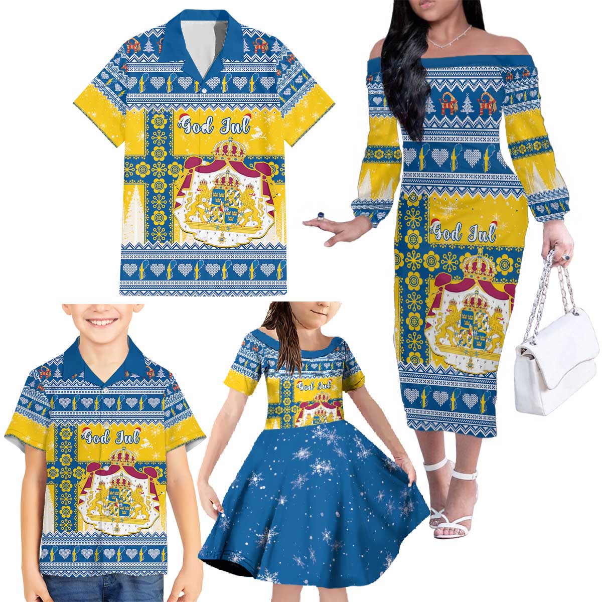 Sweden Christmas Family Matching Off The Shoulder Long Sleeve Dress and Hawaiian Shirt Coat Of Arms - Scandinavian Pattern - Wonder Print Shop