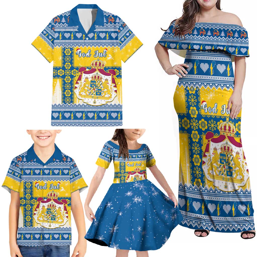 Sweden Christmas Family Matching Off Shoulder Maxi Dress and Hawaiian Shirt Coat Of Arms - Scandinavian Pattern - Wonder Print Shop