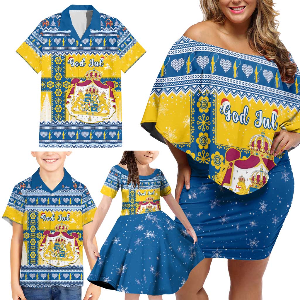 Sweden Christmas Family Matching Off Shoulder Short Dress and Hawaiian Shirt Coat Of Arms - Scandinavian Pattern - Wonder Print Shop