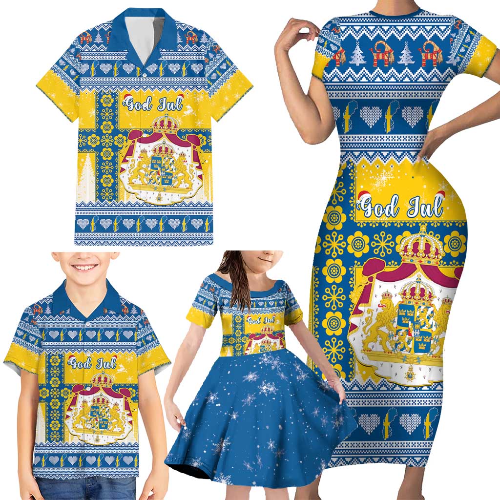 Sweden Christmas Family Matching Short Sleeve Bodycon Dress and Hawaiian Shirt Coat Of Arms - Scandinavian Pattern - Wonder Print Shop