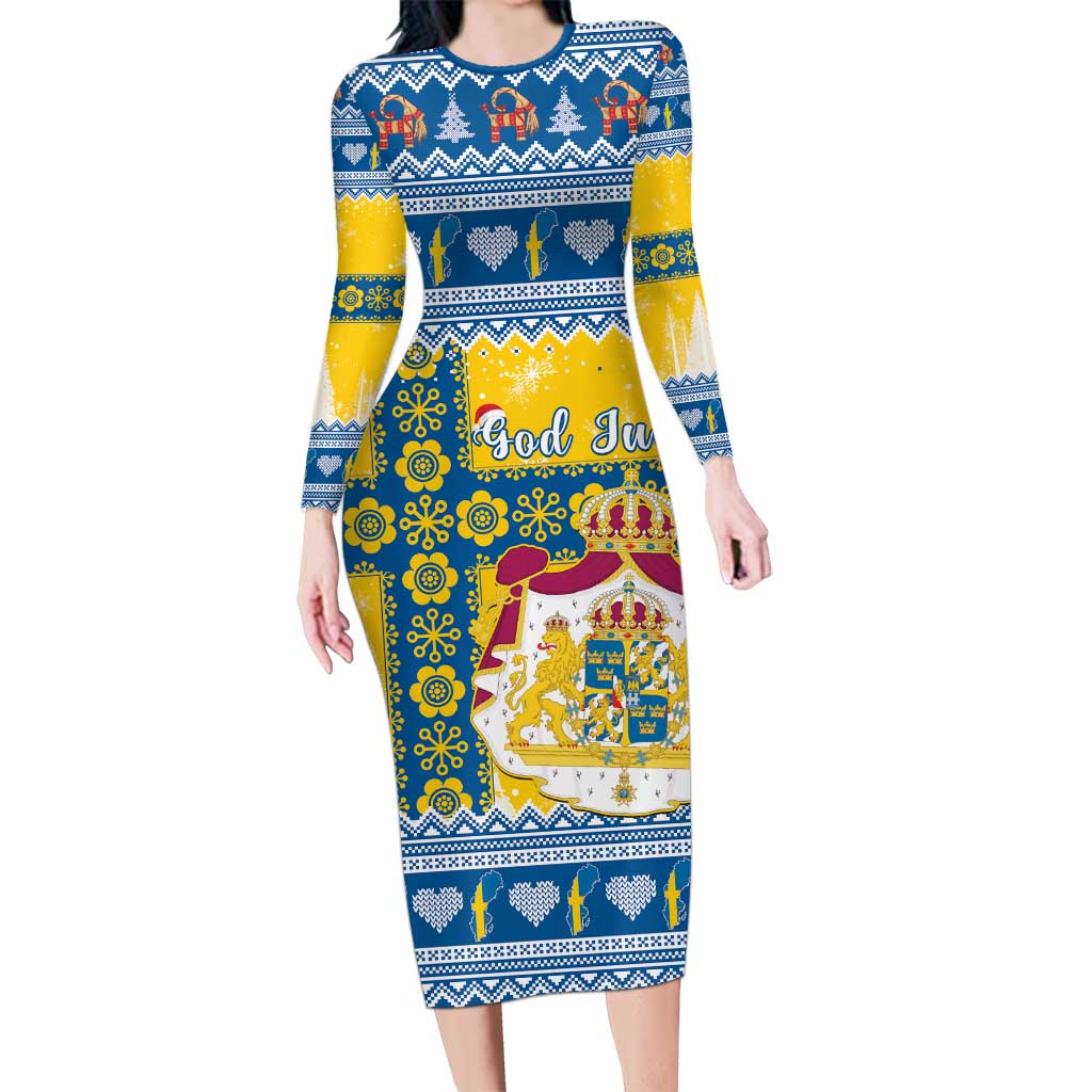 Sweden Christmas Long Sleeve Bodycon Dress Coat Of Arms - Scandinavian Pattern - Wonder Print Shop