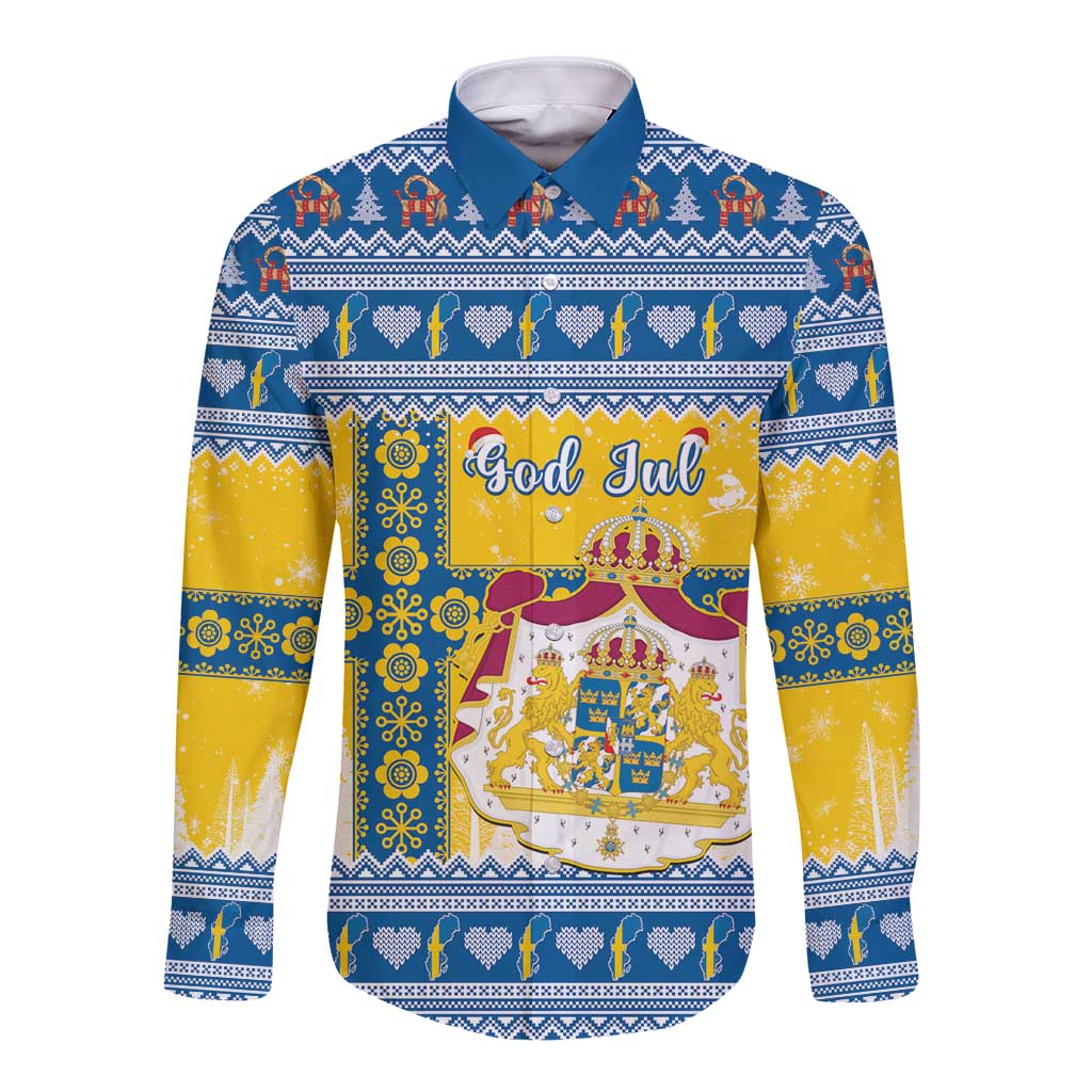 Sweden Christmas Long Sleeve Button Shirt Coat Of Arms - Scandinavian Pattern - Wonder Print Shop