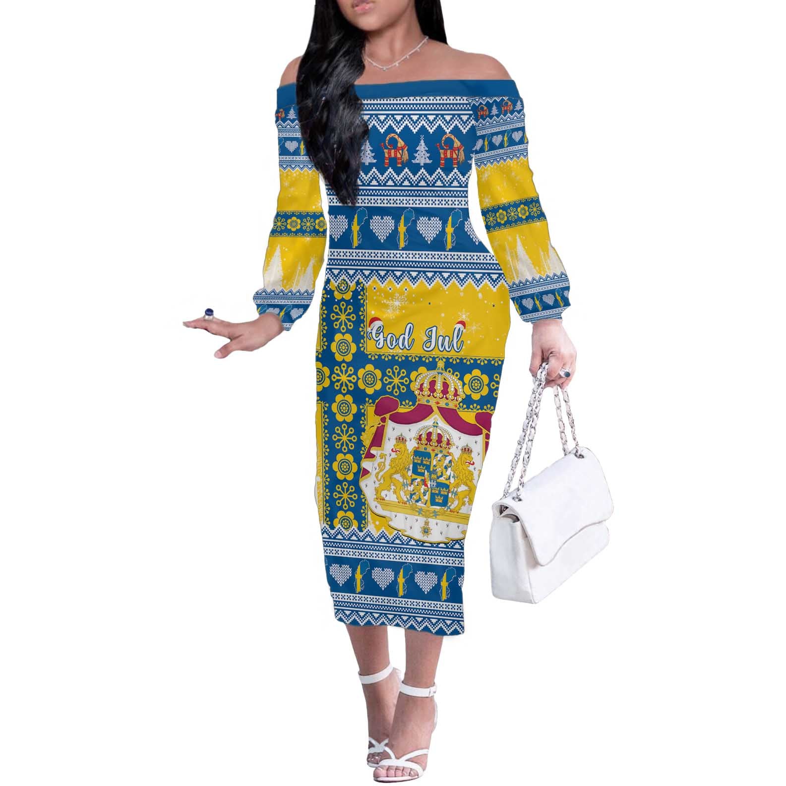 Sweden Christmas Off The Shoulder Long Sleeve Dress Coat Of Arms - Scandinavian Pattern - Wonder Print Shop