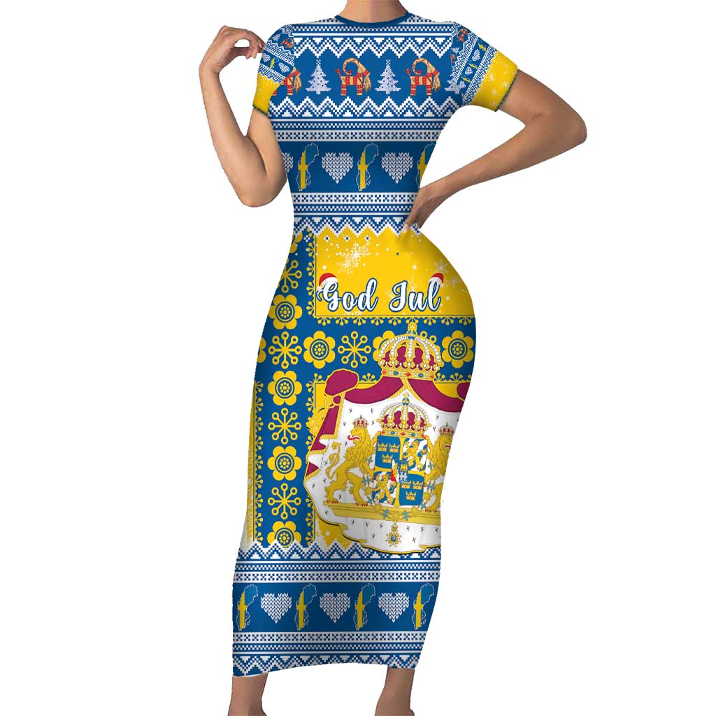 Sweden Christmas Short Sleeve Bodycon Dress Coat Of Arms - Scandinavian Pattern