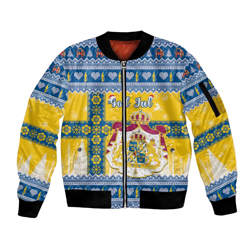 Sweden Christmas Sleeve Zip Bomber Jacket Coat Of Arms - Scandinavian Pattern