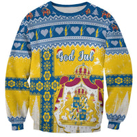 Unisex Christmas sweatshirt with blue and yellow Scandinavian pattern, “God Jul” graphic