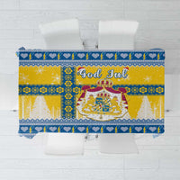 Blue and yellow Scandinavian Christmas tablecloth with 'God Jul' coat-of-arms design