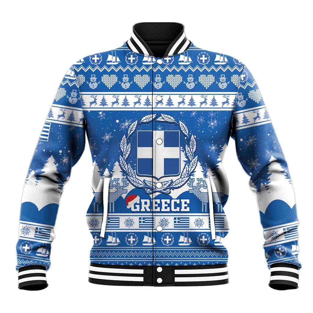 Blue Christmas baseball jacket with Greece crest graphic, snow and Nordic pattern, striped cuffs