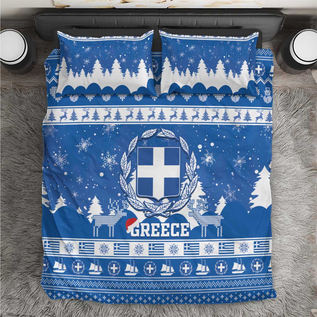 Blue Greece Christmas bedding set with coat of arms, snowflakes, and pine tree border