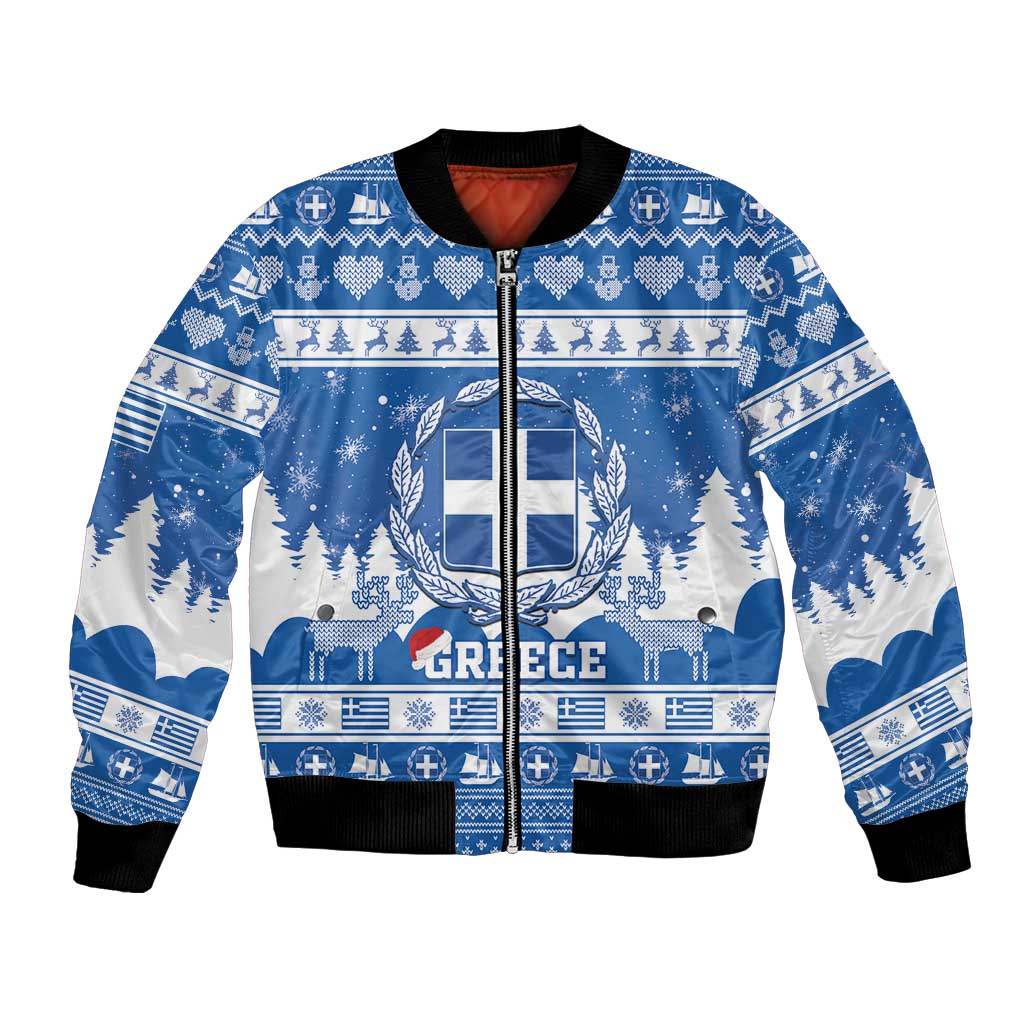 Unisex blue Christmas bomber jacket with white coat-of-arms front print and zipper