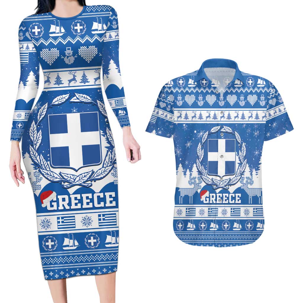 Greece Christmas Couples Matching Long Sleeve Bodycon Dress and Hawaiian Shirt Coat Of Arms Kala Cristouyenna - Wonder Print Shop