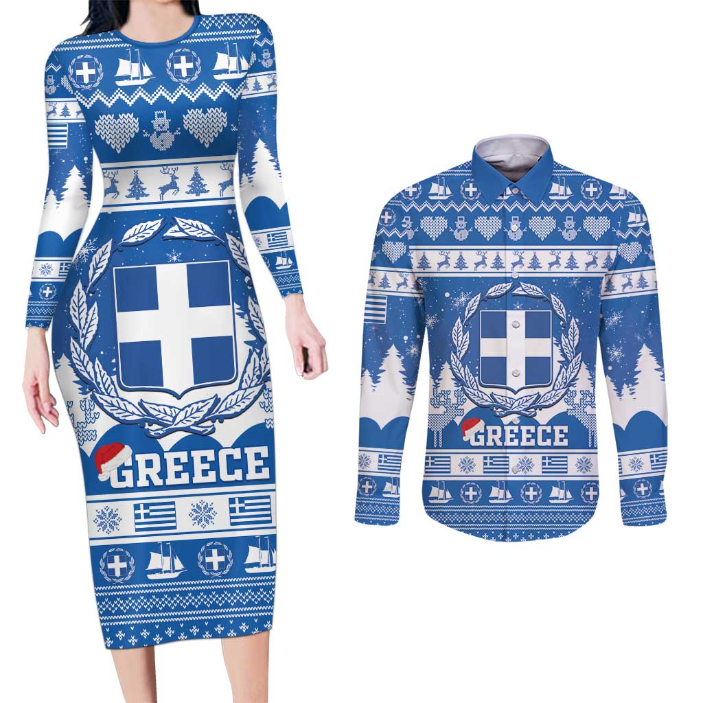 Greece Christmas Couples Matching Long Sleeve Bodycon Dress and Long Sleeve Button Shirt Coat Of Arms Kala Cristouyenna - Wonder Print Shop