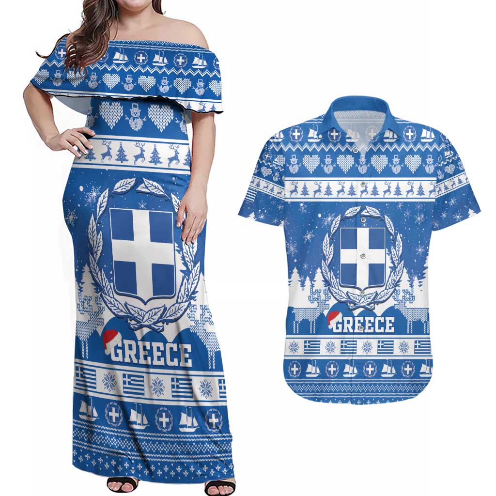 Greece Christmas Couples Matching Off Shoulder Maxi Dress and Hawaiian Shirt Coat Of Arms Kala Cristouyenna - Wonder Print Shop