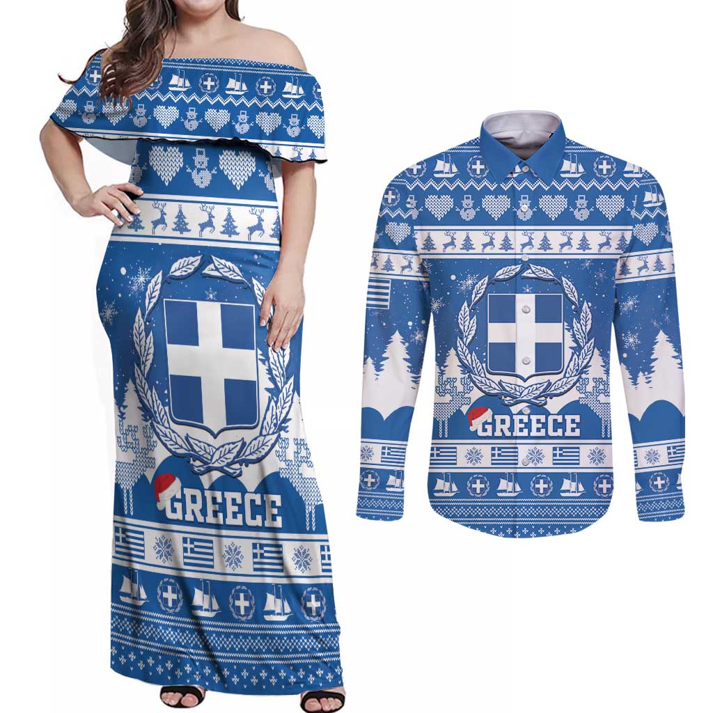 Greece Christmas Couples Matching Off Shoulder Maxi Dress and Long Sleeve Button Shirt Coat Of Arms Kala Cristouyenna - Wonder Print Shop