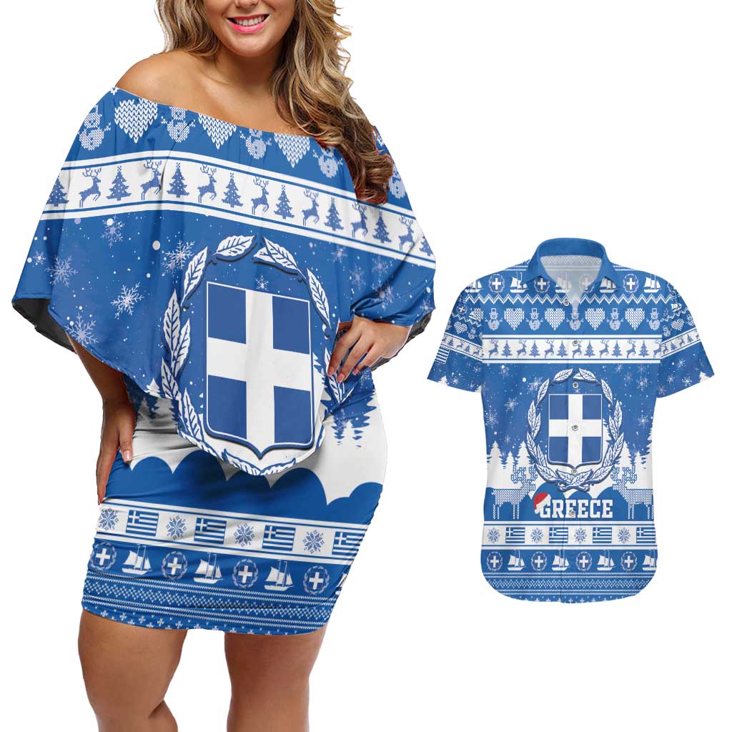 Greece Christmas Couples Matching Off Shoulder Short Dress and Hawaiian Shirt Coat Of Arms Kala Cristouyenna - Wonder Print Shop