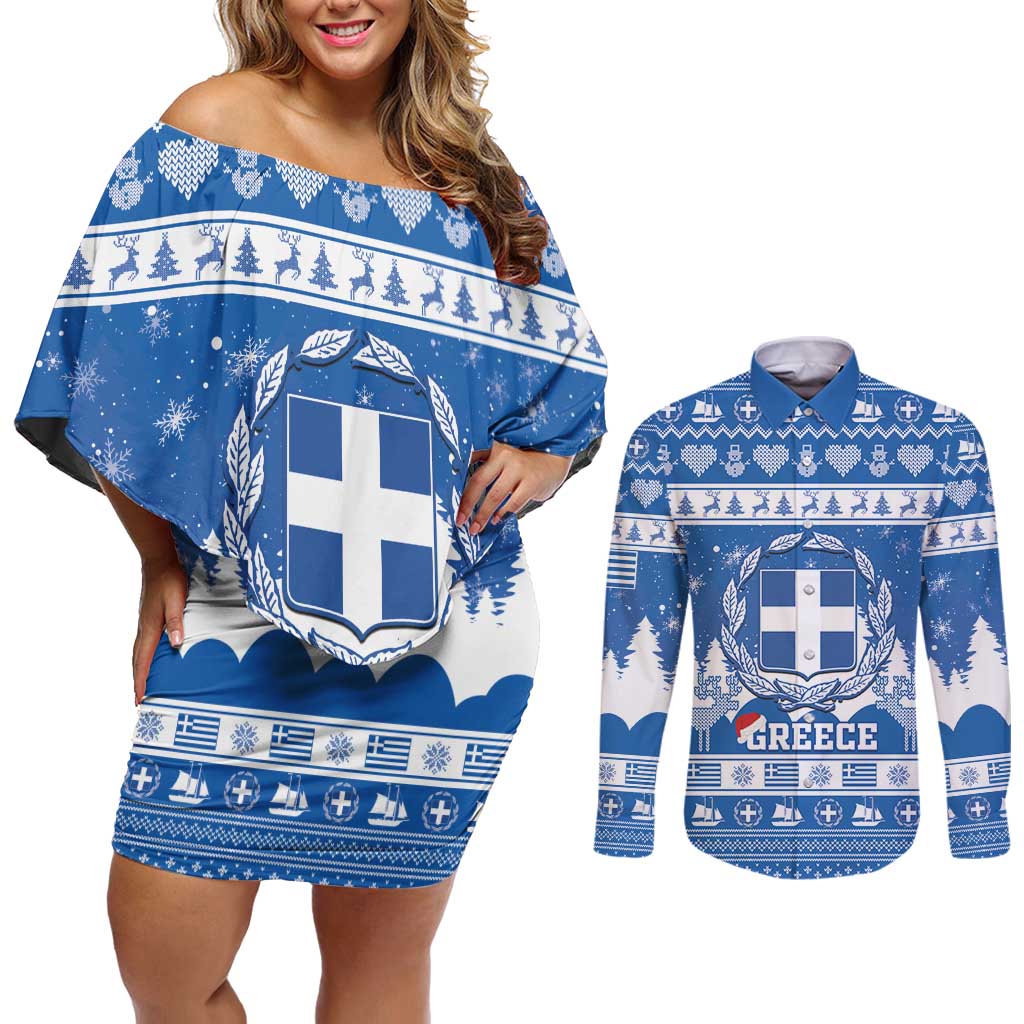 Greece Christmas Couples Matching Off Shoulder Short Dress and Long Sleeve Button Shirt Coat Of Arms Kala Cristouyenna - Wonder Print Shop