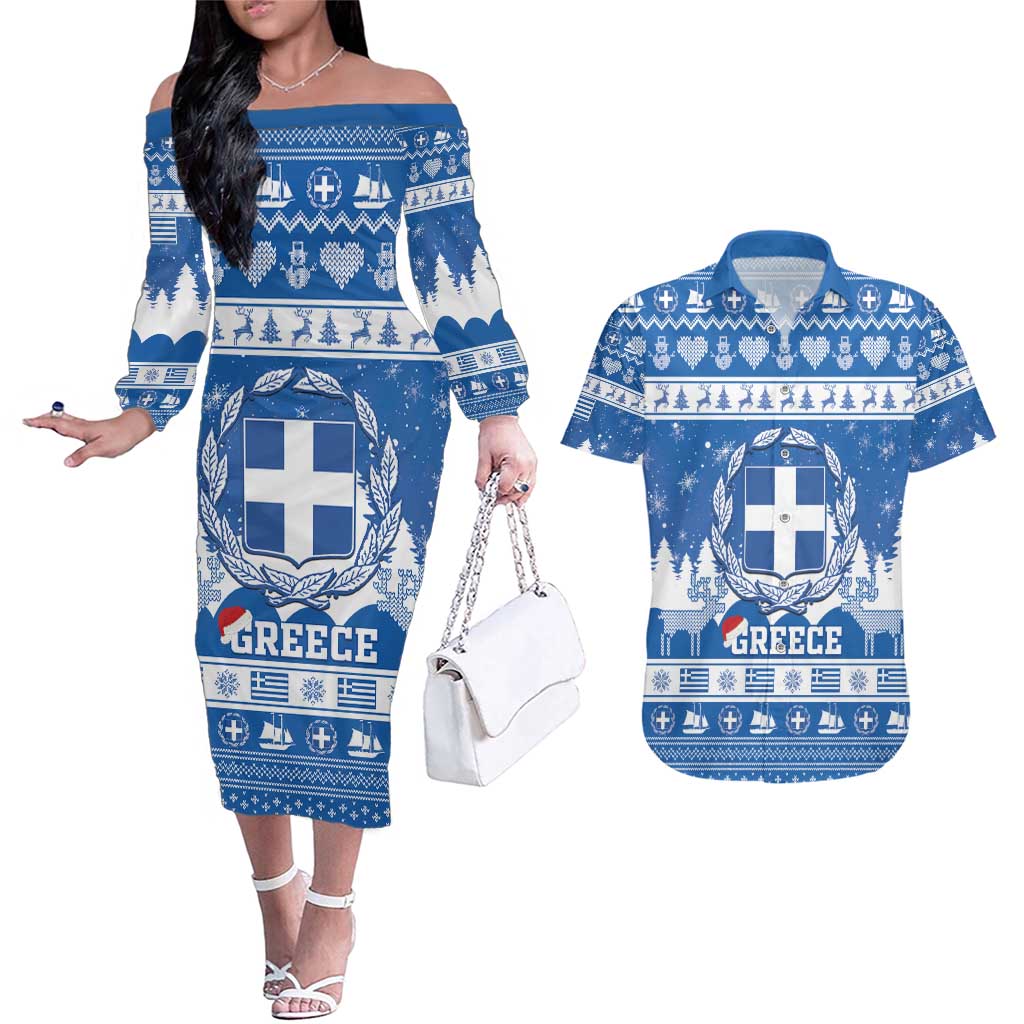 Greece Christmas Couples Matching Off The Shoulder Long Sleeve Dress and Hawaiian Shirt Coat Of Arms Kala Cristouyenna - Wonder Print Shop