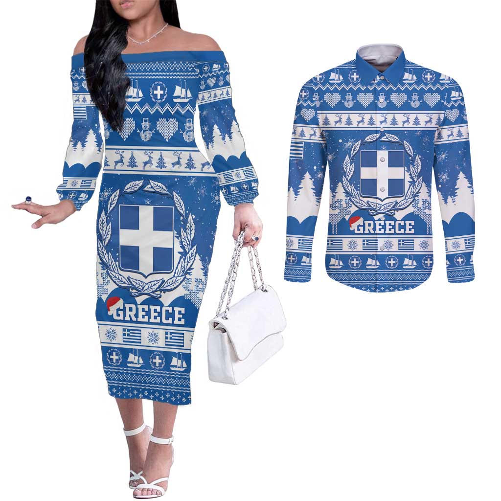 Greece Christmas Couples Matching Off The Shoulder Long Sleeve Dress and Long Sleeve Button Shirt Coat Of Arms Kala Cristouyenna