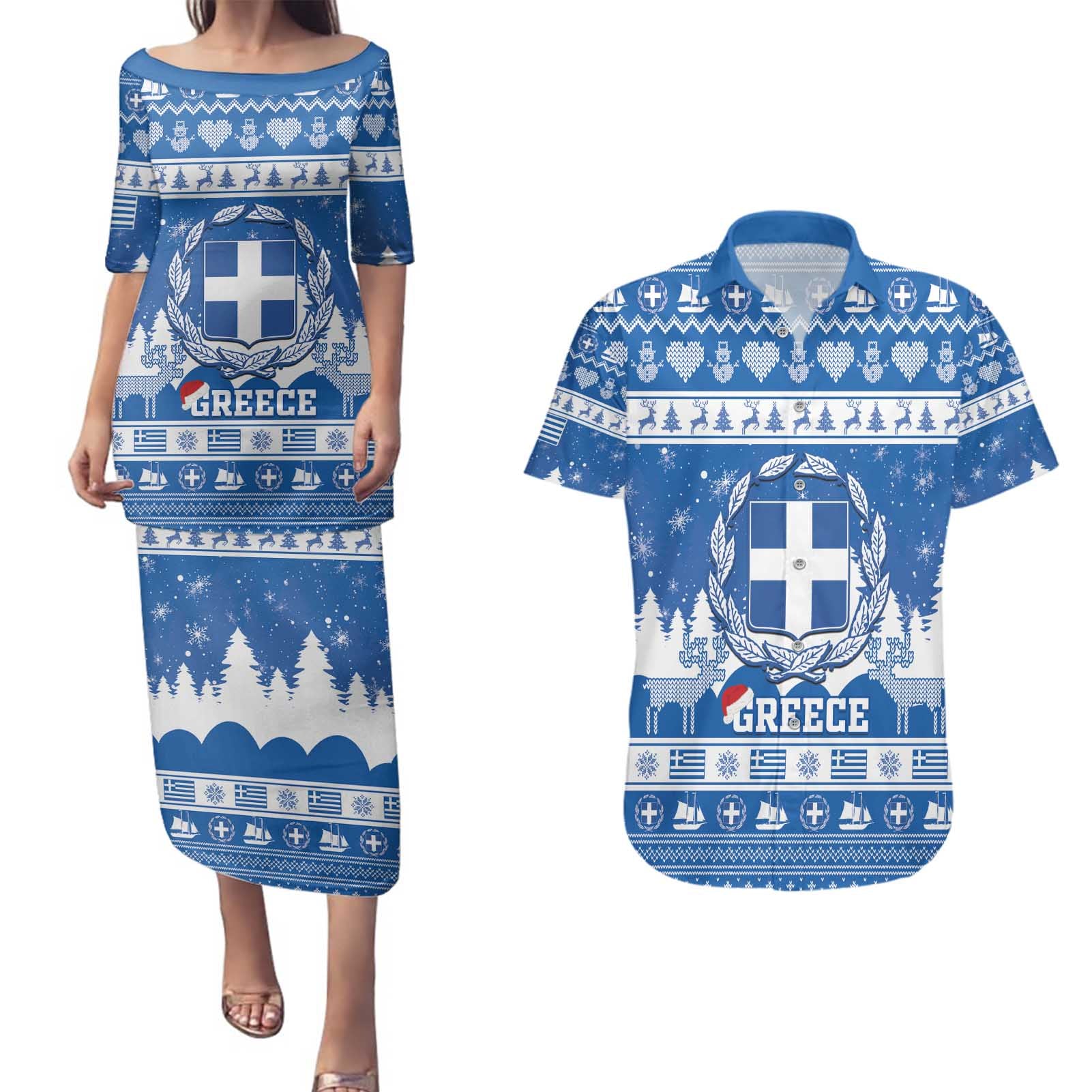 Greece Christmas Couples Matching Puletasi and Hawaiian Shirt Coat Of Arms Kala Cristouyenna - Wonder Print Shop