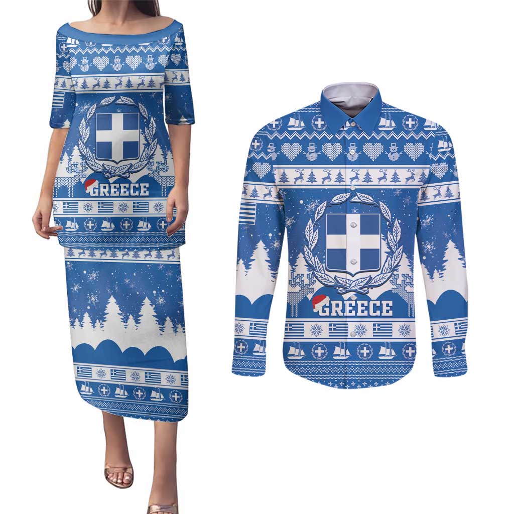 Greece Christmas Couples Matching Puletasi and Long Sleeve Button Shirt Coat Of Arms Kala Cristouyenna - Wonder Print Shop