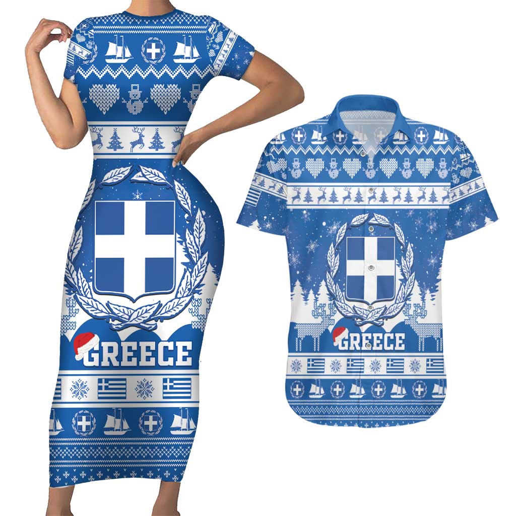 Greece Christmas Couples Matching Short Sleeve Bodycon Dress and Hawaiian Shirt Coat Of Arms Kala Cristouyenna - Wonder Print Shop