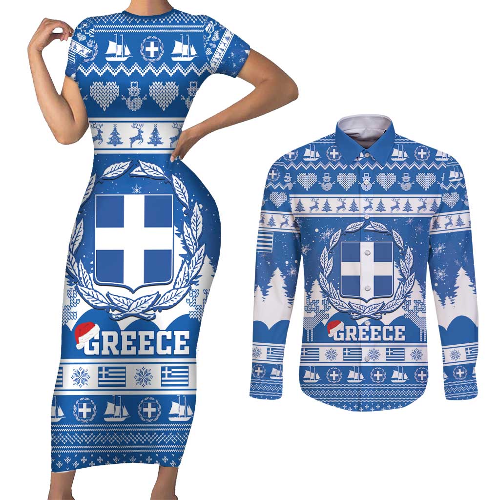 Greece Christmas Couples Matching Short Sleeve Bodycon Dress and Long Sleeve Button Shirt Coat Of Arms Kala Cristouyenna - Wonder Print Shop