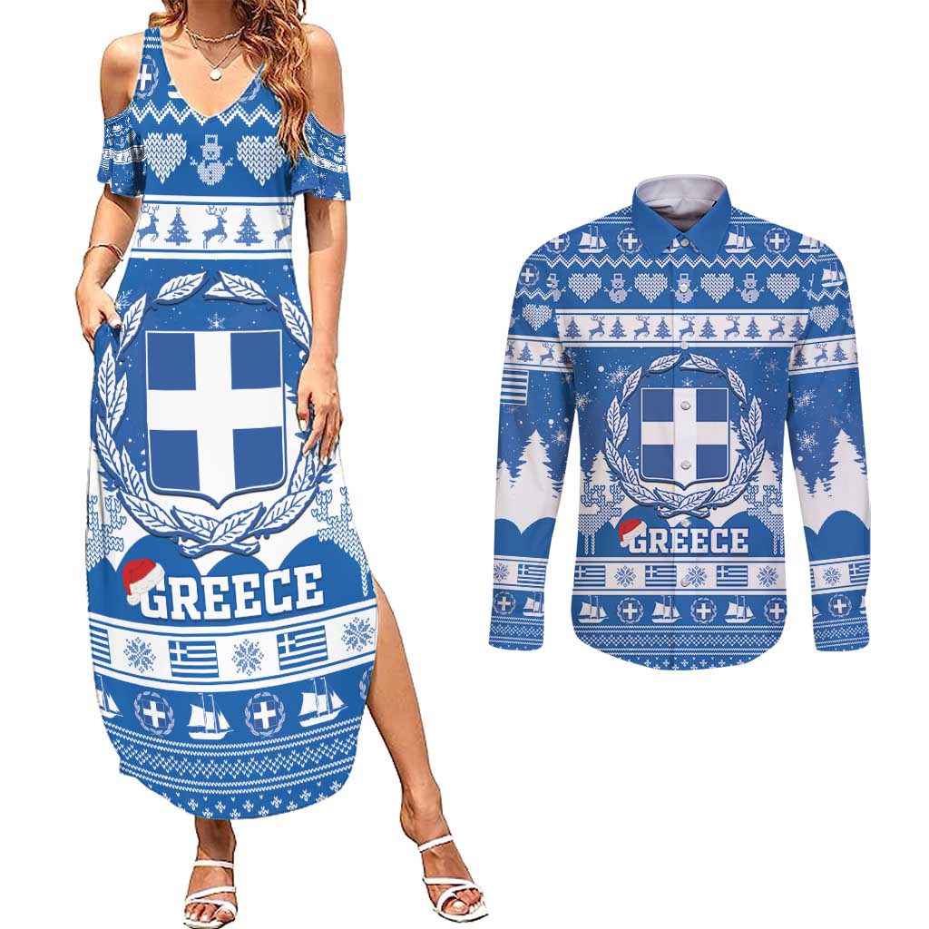 Greece Christmas Couples Matching Summer Maxi Dress and Long Sleeve Button Shirt Coat Of Arms Kala Cristouyenna - Wonder Print Shop