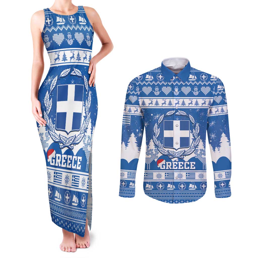 Greece Christmas Couples Matching Tank Maxi Dress and Long Sleeve Button Shirt Coat Of Arms Kala Cristouyenna - Wonder Print Shop