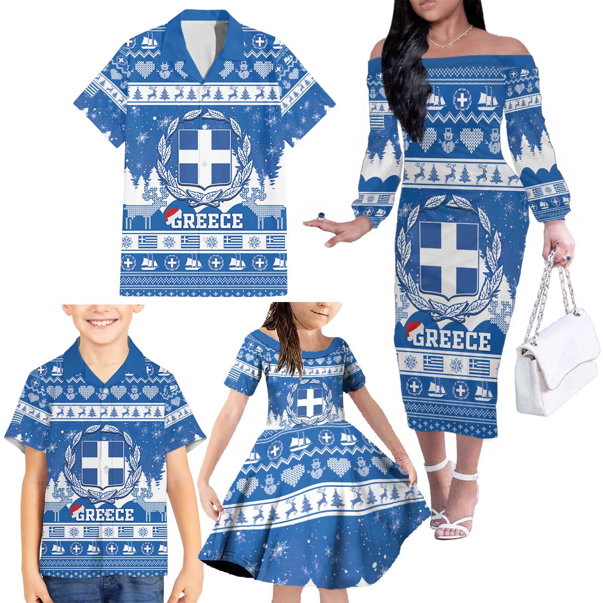 Greece Christmas Family Matching Off The Shoulder Long Sleeve Dress and Hawaiian Shirt Coat Of Arms Kala Cristouyenna - Wonder Print Shop