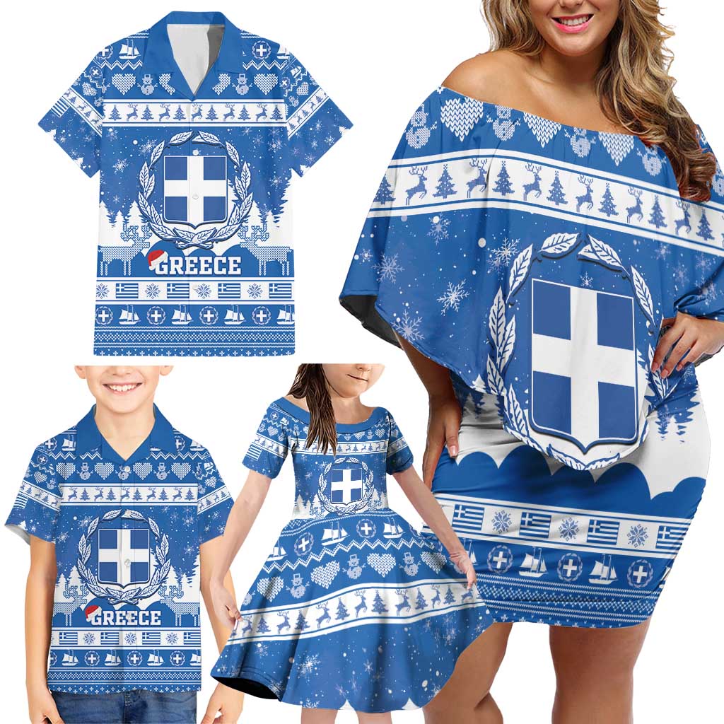 Greece Christmas Family Matching Off Shoulder Short Dress and Hawaiian Shirt Coat Of Arms Kala Cristouyenna - Wonder Print Shop