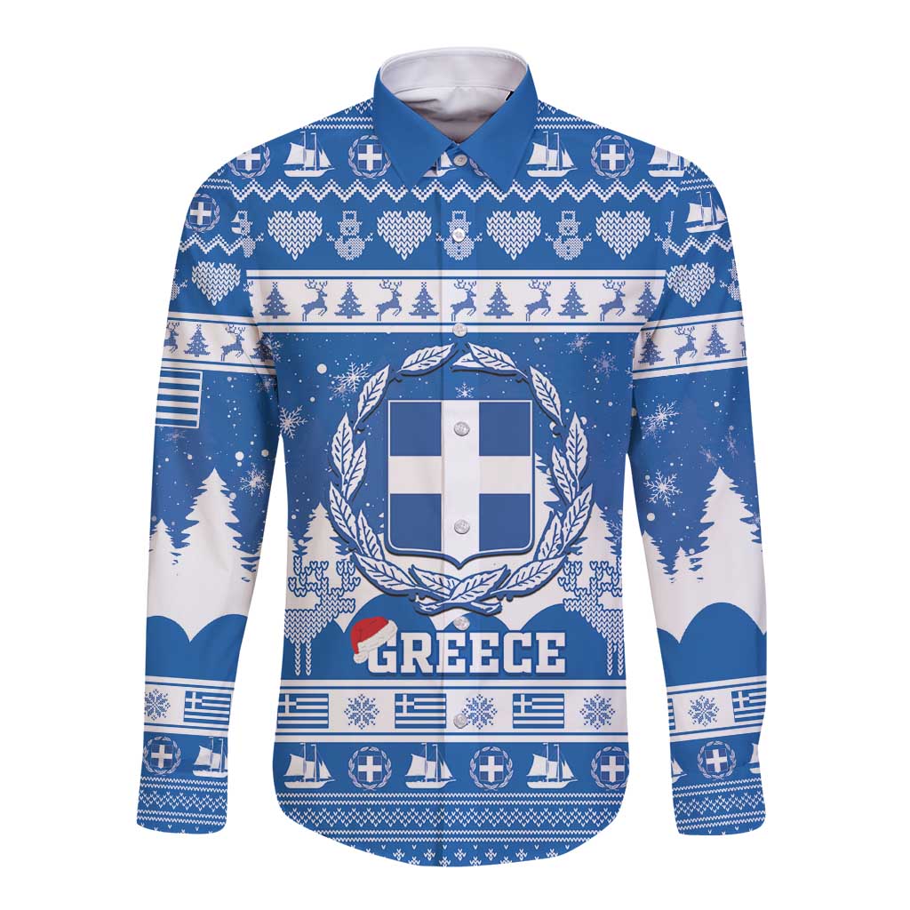 Unisex blue long-sleeve button shirt with Greece crest and laurel on front