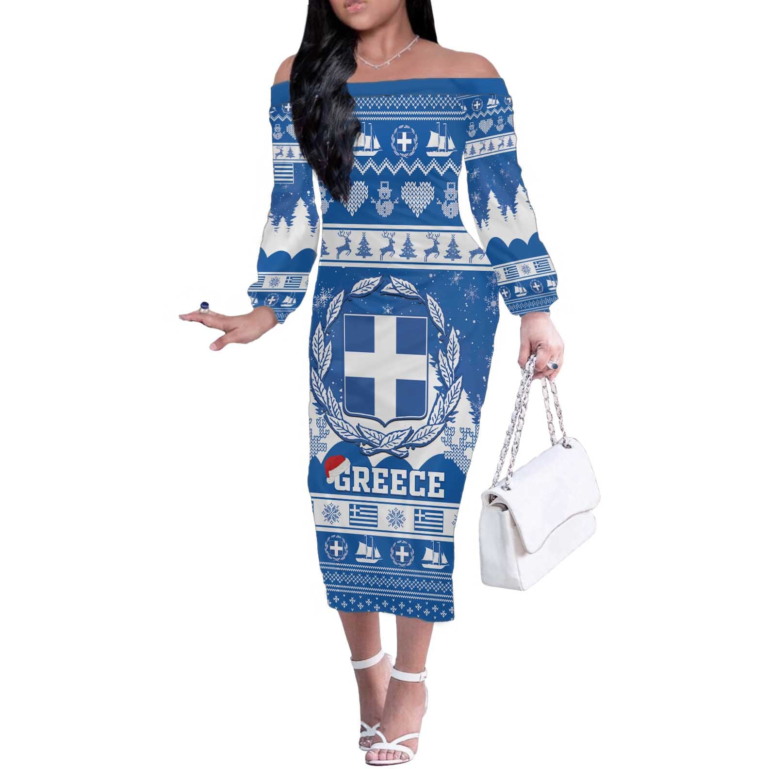 Greece Christmas Off The Shoulder Long Sleeve Dress Coat Of Arms Kala Cristouyenna - Wonder Print Shop