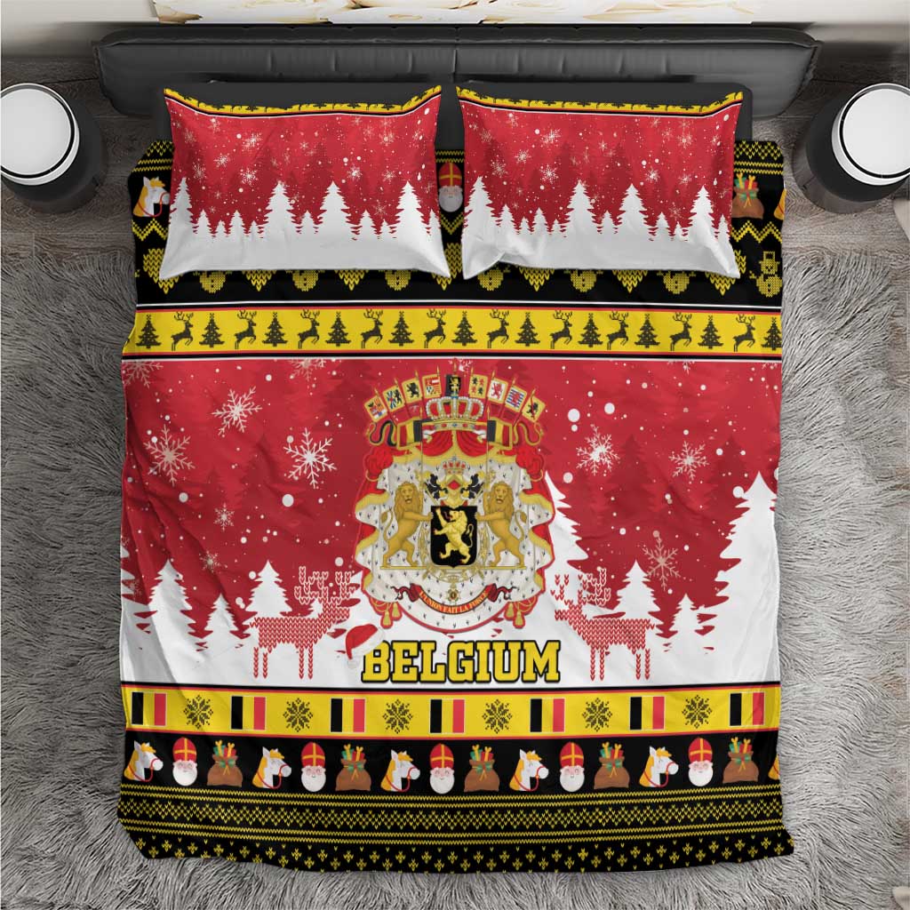 Red Christmas duvet set with Belgium coat of arms, snowy trees, and festive border