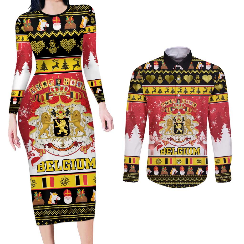 Belgium Christmas Couples Matching Long Sleeve Bodycon Dress and Long Sleeve Button Shirt Coat Of Arms Vrolijk Kerstfeest - Wonder Print Shop