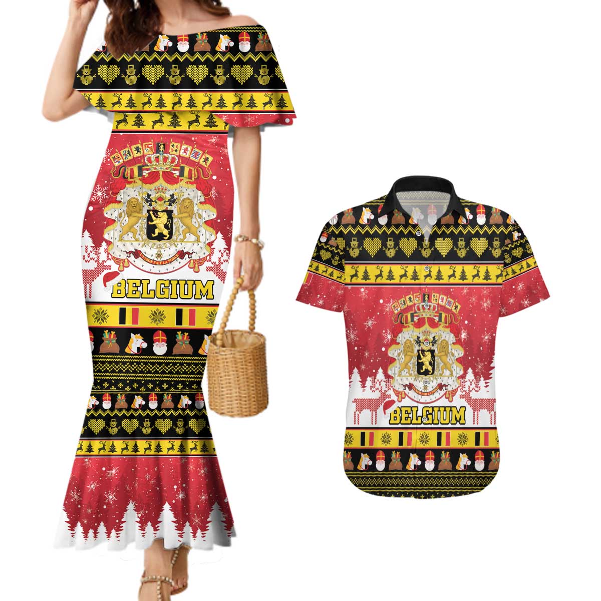 Belgium Christmas Couples Matching Mermaid Dress and Hawaiian Shirt Coat Of Arms Vrolijk Kerstfeest - Wonder Print Shop