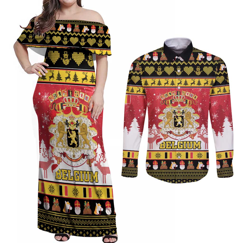 Belgium Christmas Couples Matching Off Shoulder Maxi Dress and Long Sleeve Button Shirt Coat Of Arms Vrolijk Kerstfeest - Wonder Print Shop