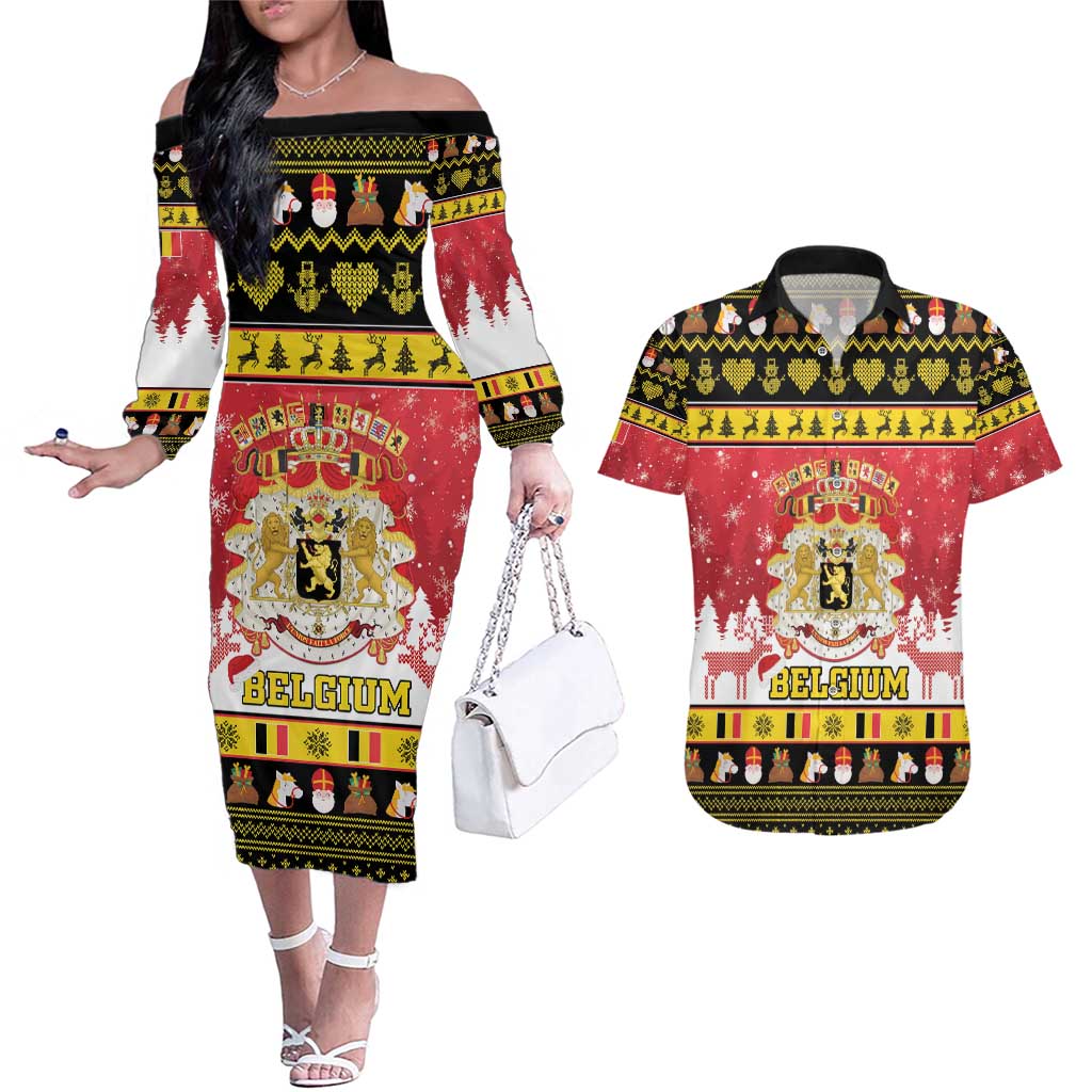 Belgium Christmas Couples Matching Off The Shoulder Long Sleeve Dress and Hawaiian Shirt Coat Of Arms Vrolijk Kerstfeest - Wonder Print Shop