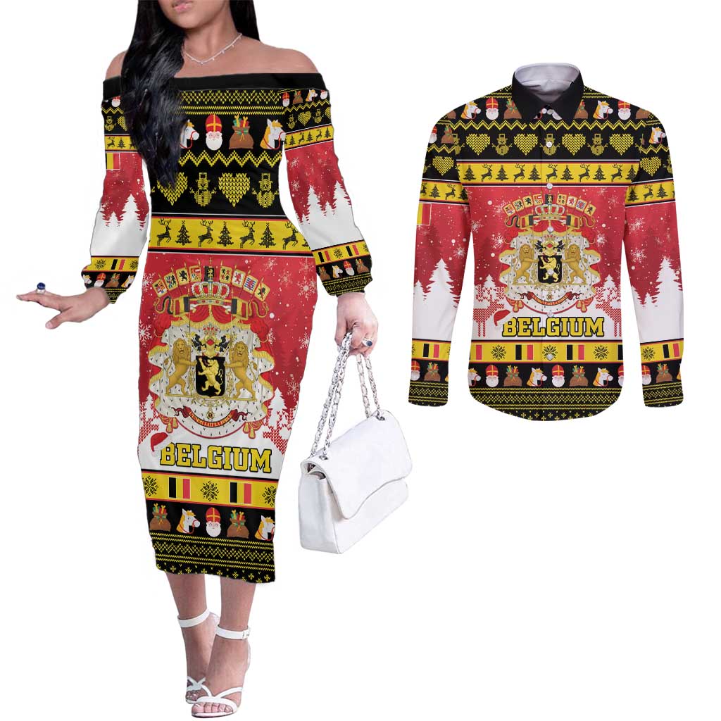 Belgium Christmas Couples Matching Off The Shoulder Long Sleeve Dress and Long Sleeve Button Shirt Coat Of Arms Vrolijk Kerstfeest