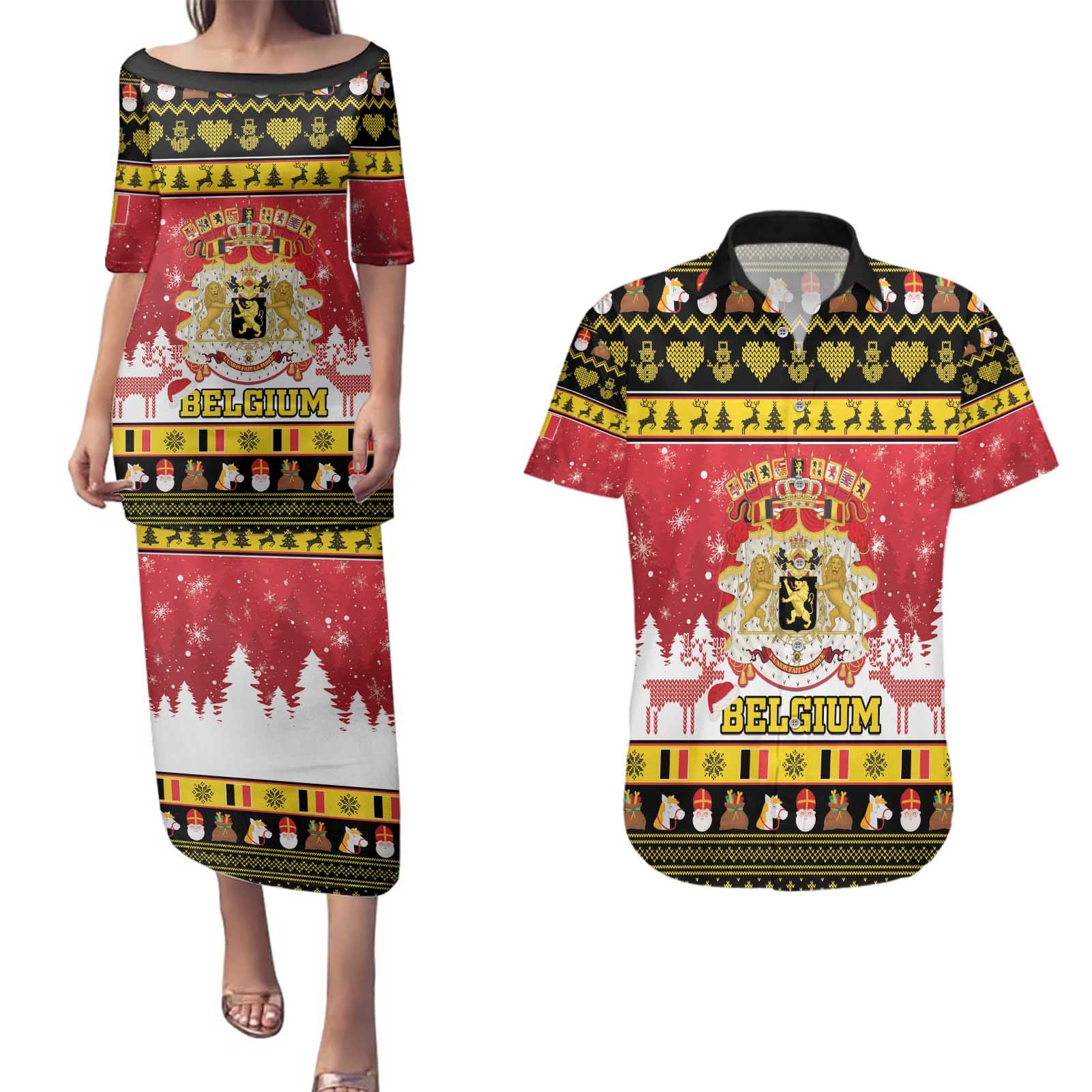 Belgium Christmas Couples Matching Puletasi and Hawaiian Shirt Coat Of Arms Vrolijk Kerstfeest - Wonder Print Shop