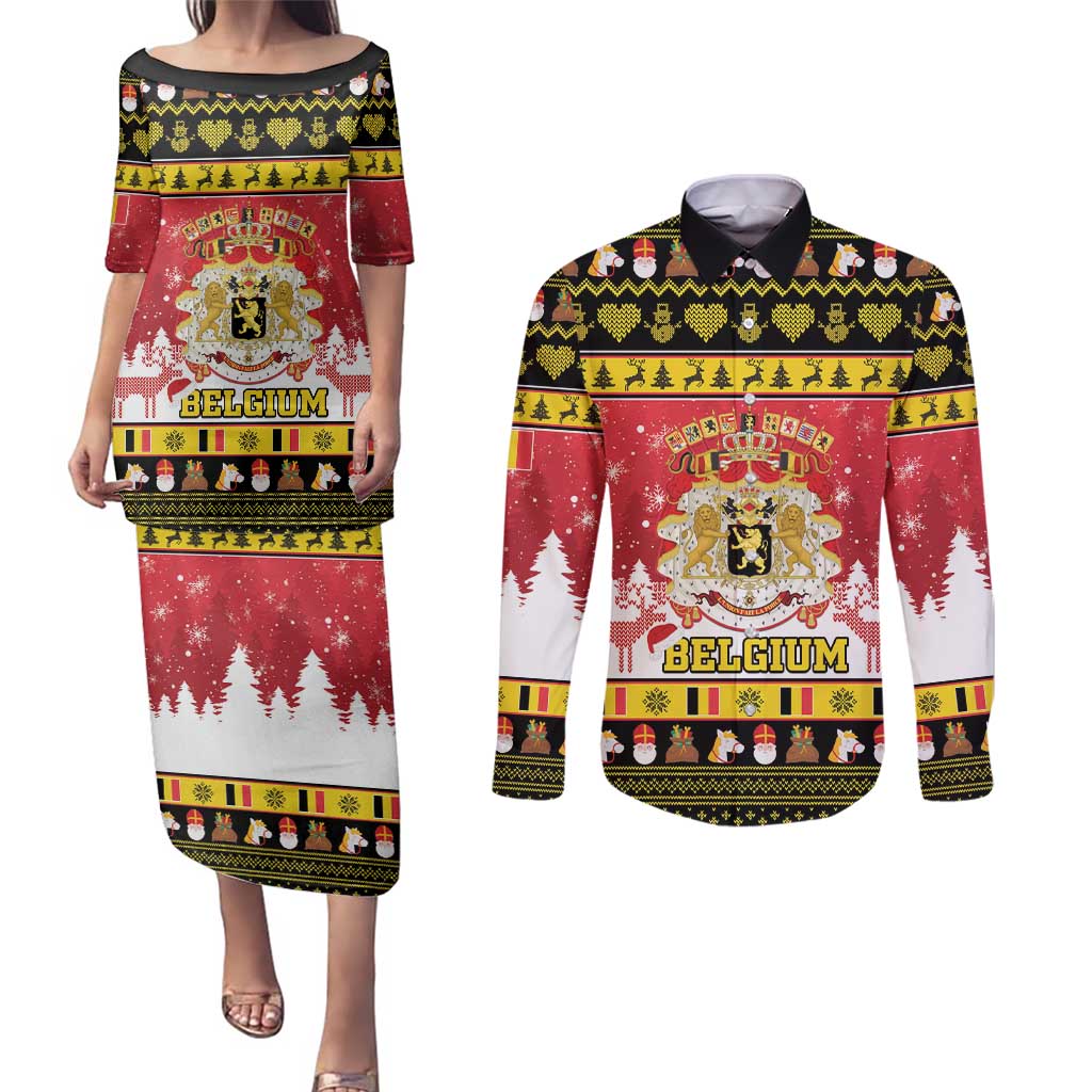 Belgium Christmas Couples Matching Puletasi and Long Sleeve Button Shirt Coat Of Arms Vrolijk Kerstfeest - Wonder Print Shop