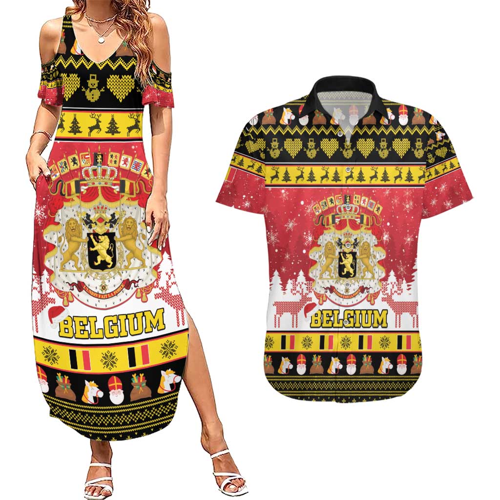 Belgium Christmas Couples Matching Summer Maxi Dress and Hawaiian Shirt Coat Of Arms Vrolijk Kerstfeest - Wonder Print Shop