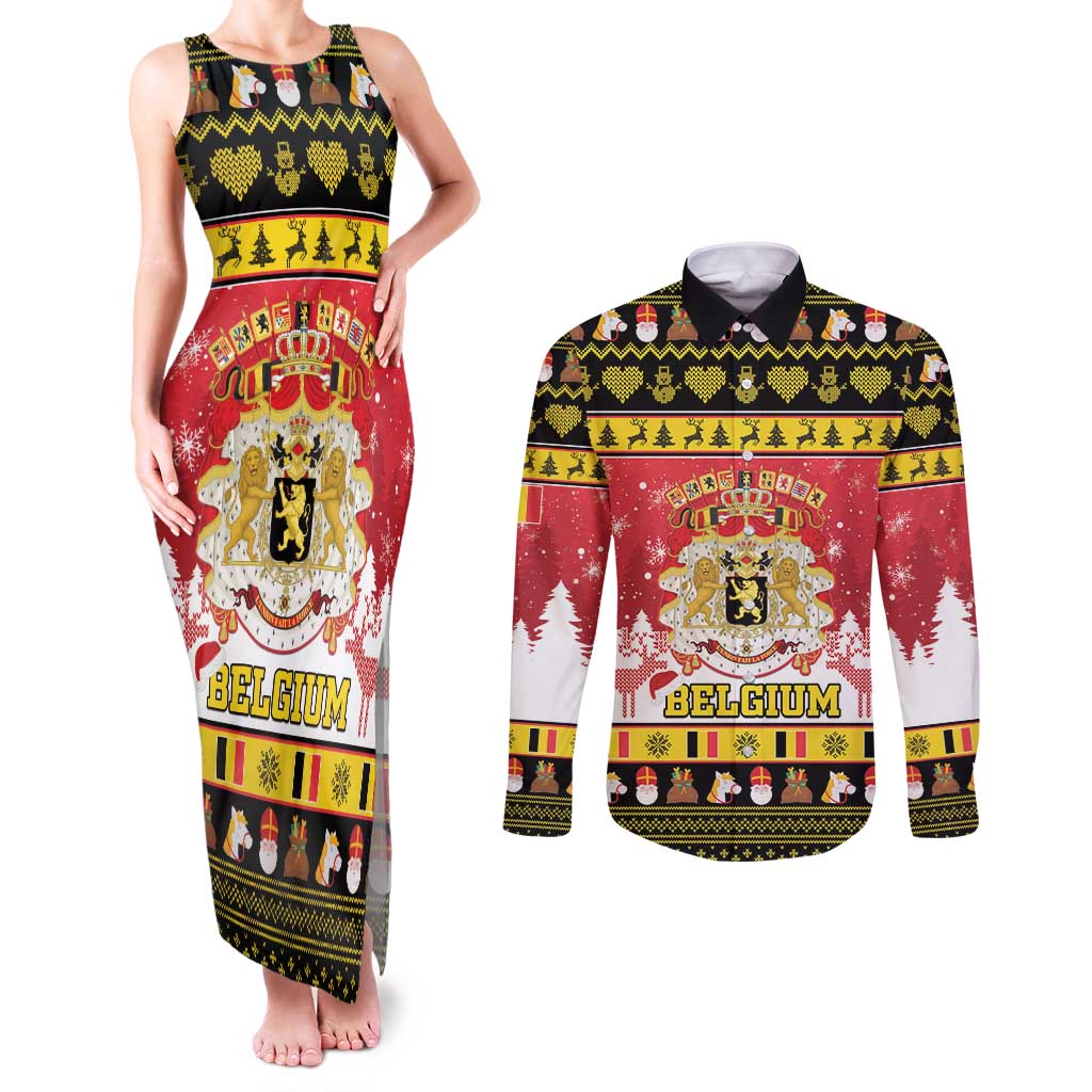 Belgium Christmas Couples Matching Tank Maxi Dress and Long Sleeve Button Shirt Coat Of Arms Vrolijk Kerstfeest - Wonder Print Shop