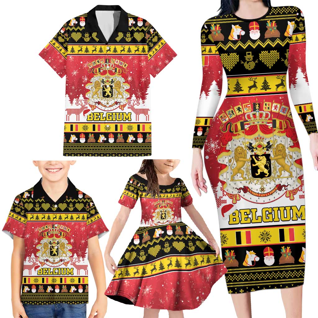 Belgium Christmas Family Matching Long Sleeve Bodycon Dress and Hawaiian Shirt Coat Of Arms Vrolijk Kerstfeest - Wonder Print Shop