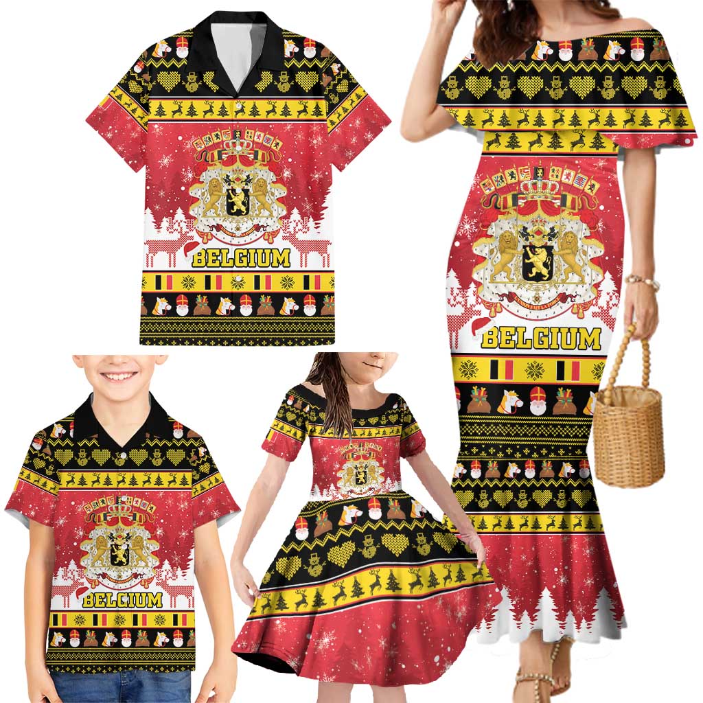 Belgium Christmas Family Matching Mermaid Dress and Hawaiian Shirt Coat Of Arms Vrolijk Kerstfeest - Wonder Print Shop