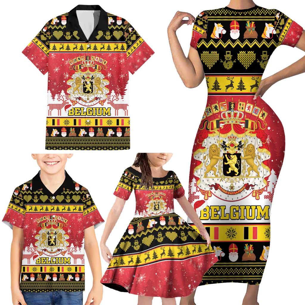 Belgium Christmas Family Matching Short Sleeve Bodycon Dress and Hawaiian Shirt Coat Of Arms Vrolijk Kerstfeest - Wonder Print Shop