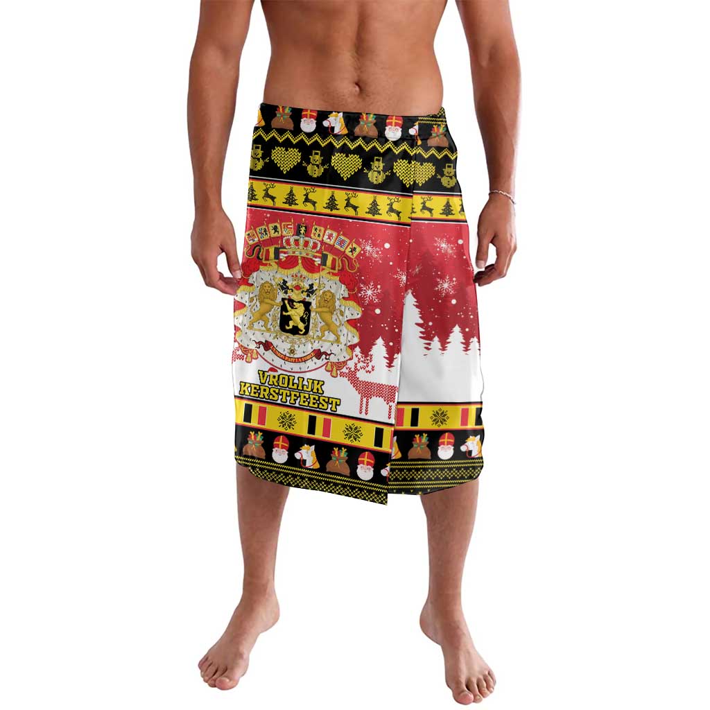 Red Christmas lavalava wrap skirt with coat of arms, trees, and festive border hem