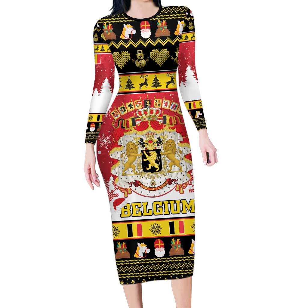 Belgium Christmas Long Sleeve Bodycon Dress Coat Of Arms Vrolijk Kerstfeest - Wonder Print Shop