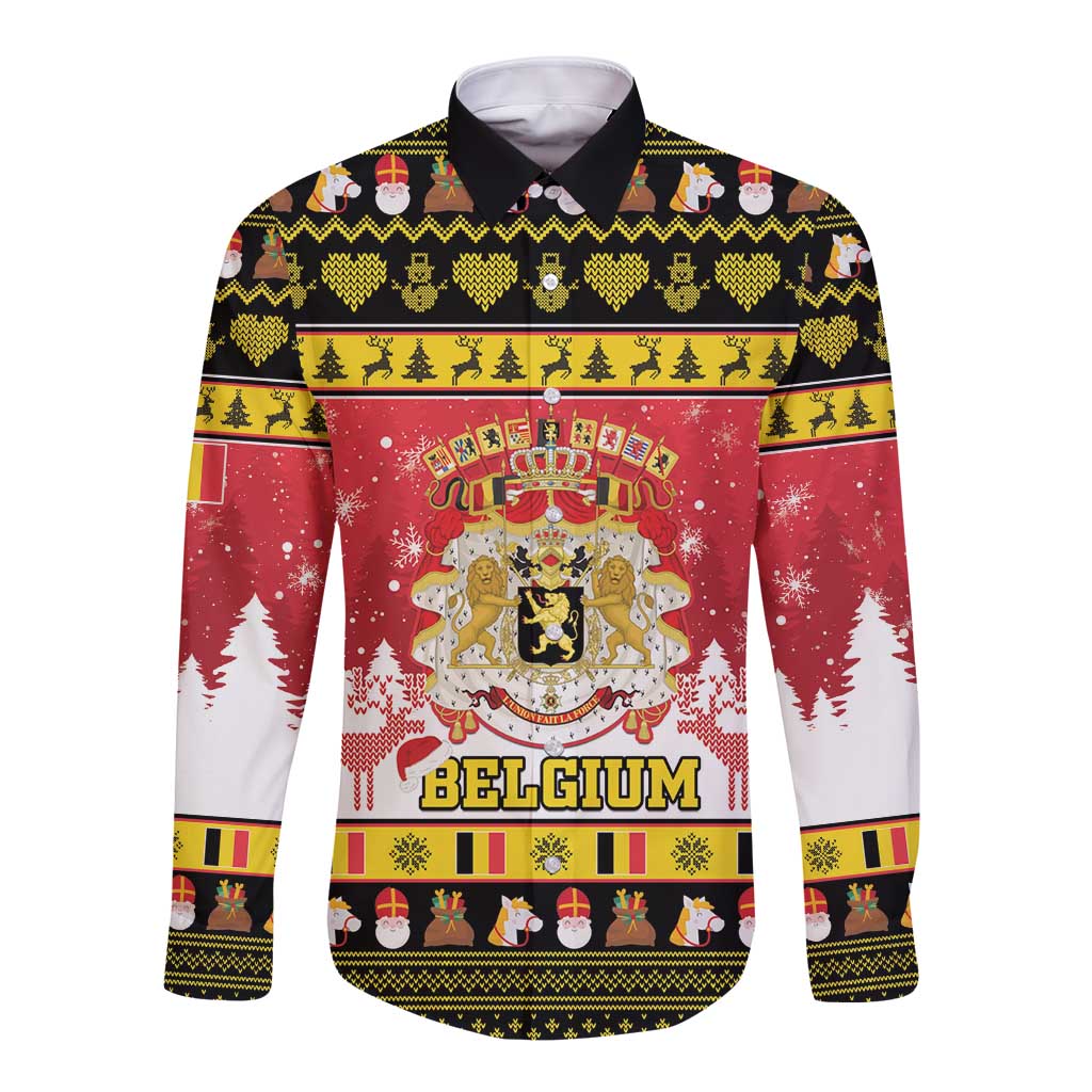 Unisex long-sleeve button shirt with red, black, and gold Christmas Belgium crest print