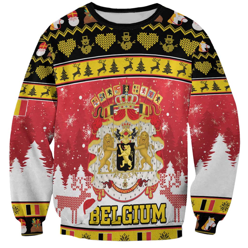 Red Christmas sweatshirt with Belgium crest graphic, long sleeves